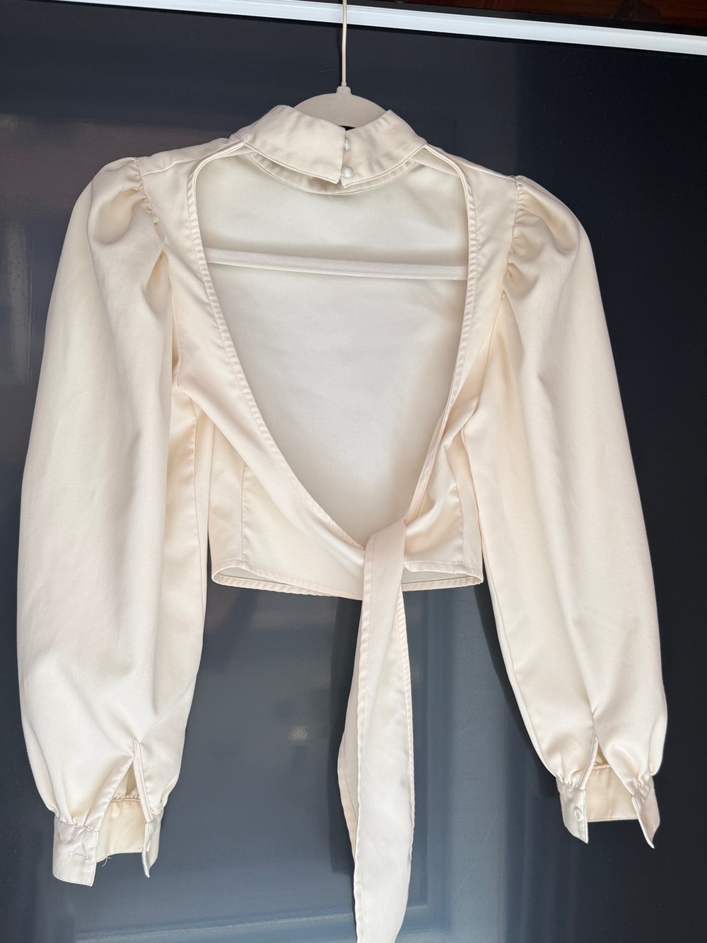 Nasty Gal Ivory High-Neck Puff Sleeve Tie-Back Crop Top - Picture 4 of 6